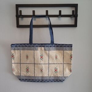 Sezane Canvas Floral Tote Bag in Cream and Navy